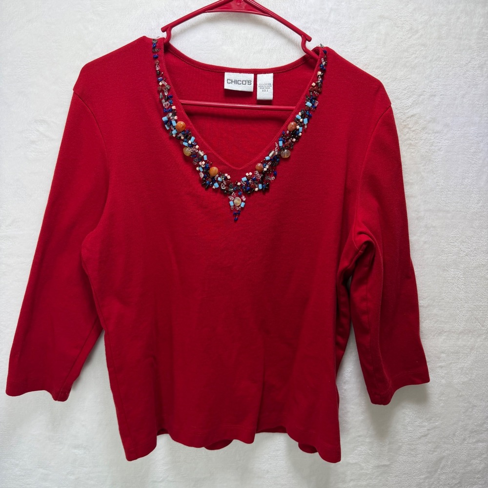 Chicos Size 2 Red 3/4 Sleeve Boat Neck Pullover Top Solid Knit Shirt Large Beads
